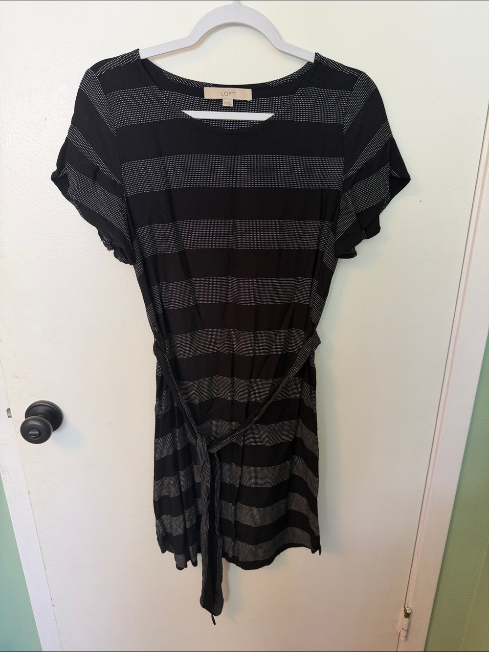 LOFT Black and Gray Striped Tie-Waist Mini Dress